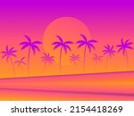 Palm trees at sunset. Tropical palm landscape with gradient color. Summer time poster. Design for posters, banners and promotional items. Vector illustration