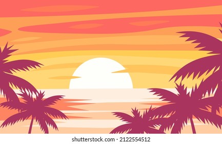 Palm trees at sunset, vector illustration. Sea beach with palm trees. Ocean. Relaxation. Vector eps 10