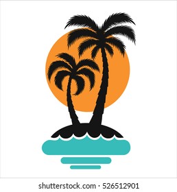 Palm trees sunset vector illustration silhouette on island travel tourism tropical beach wave sea ocean colorful. 