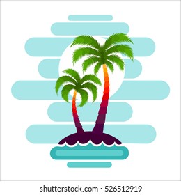 Palm trees sunset vector illustration silhouette on island travel tourism tropical beach wave sea ocean colorful. 