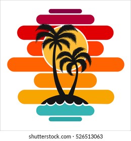 Palm trees sunset vector illustration silhouette on island travel tourism tropical beach wave sea ocean colorful. 