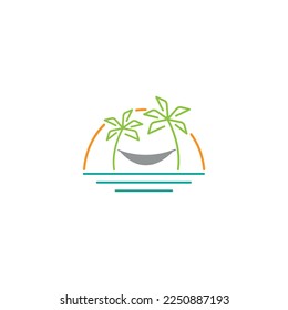 Palm trees and sunset view. Simple linear beach symbol.