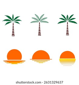 Palmen und Sonnenuntergänge Symbolsatz