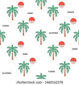 Plam-Bäume und Sonnenschein nahtlose Muster Symbol mit Strandurlaubsstadt , Design für Mode, Gewebe, Web, Tapete, Umhüllung und alle Drucke auf weißem Hintergrund Farbe