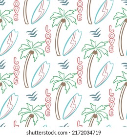 Palm trees and surf seamless summer pattern. Beach vacation background. Love for surfing concept. Print for packaging and design vector illustration