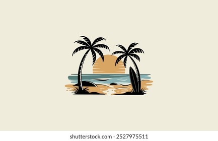 Palm trees and surfboard by sunset on a beach