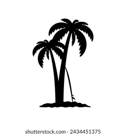 Palm trees and surfboard icon. Black silhouette. Front side view. Vector simple flat graphic illustration. Isolated object on a white background. Isolate.