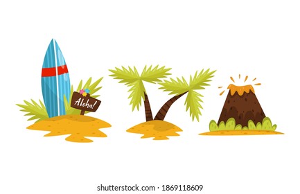 Palmen und Surfbretter in Sand als hawaiianische Symbole Vectorset