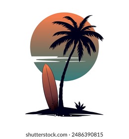 Palm trees and surfing board silhouette. Sunset on the beach. Vector illustration isolated on white.