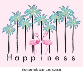 Palm trees and sweet flamingos vector illustration