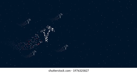 A palm trees symbol filled with dots flies through the stars leaving a trail behind. There are four small symbols around. Vector illustration on dark blue background with stars
