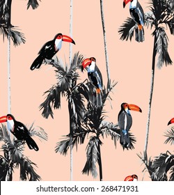 palm trees and toucan seamless background