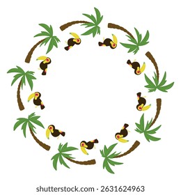 Palm trees and toucans Wreath, Toucan circle Border, Palm trees Round Wreath Frame, Illustration Isolated