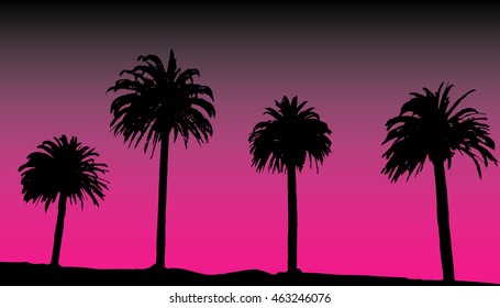 Palm trees at tropical coast. Romantic sunset. Vintage vector background.