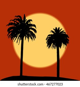 Palm trees at tropical coast. Romantic sunset. Vintage vector background.