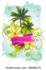 Palm trees, tropical flowers, ribbon