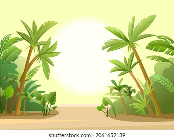 Palm trees in tropical forest. Beautiful summer landscape. Great southern sun. Vector