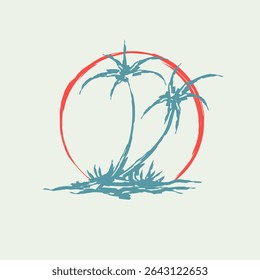 Palm trees in a tropical island setting with a red sun in a hand-drawn summer illustration style. Great for prints, stickers, and apparel