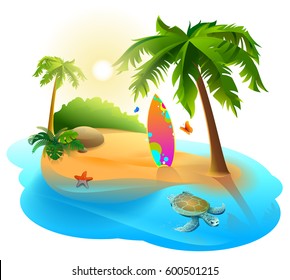 Palm trees, tropical island and surfboard. Vector cartoon illustration