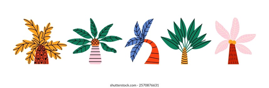 Palm trees with tropical leaves in cartoon style. Bright jungle trees with pattern, Botanical elements of tropics and hot countries with beach. Vector stickers in retro doodle style