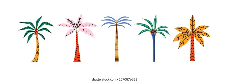 Palm trees with tropical leaves in cartoon style. Bright jungle trees with pattern, Botanical elements of tropics and hot countries with beach. Vector stickers in retro doodle style