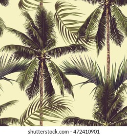 Palm trees, tropical leaves, seamless vector pattern, jungle background