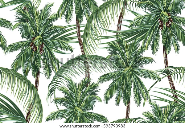 Palm trees, tropical leaves, seamless vector\
pattern background