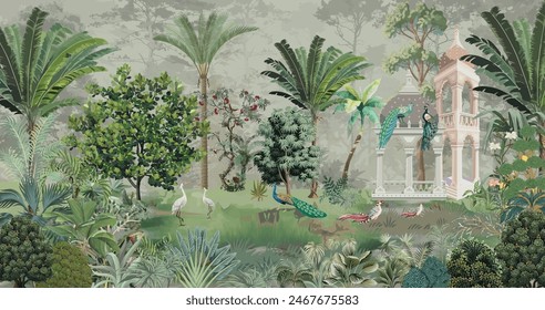 Palm Trees Tropical Wallpaper, Jungle Landscape Mural Decor,Mughal garden.