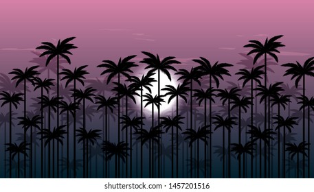 palm trees and twilight sky, vector tropical beach illustration