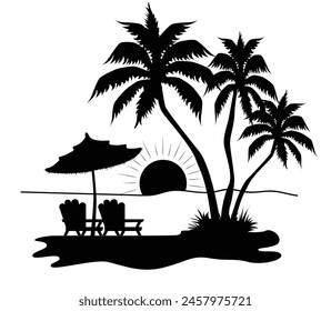 Palm trees with two lounge chairs and an umbrella with setting sun Illustrator NOT IA
