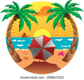 palm trees and umbrella on the beach with sunset