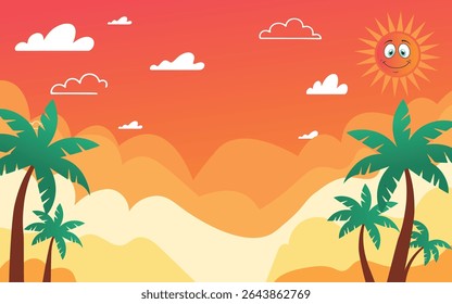 Palmeras bajo el cielo de la puesta del sol de la historieta, fondo del verano