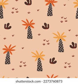 Palm trees vector cartoon seamless pattern. Tropical background with hand drawn arecaceae plants. Beach coconut tree wallpaper, african forest textile, wrapping paper print design. 