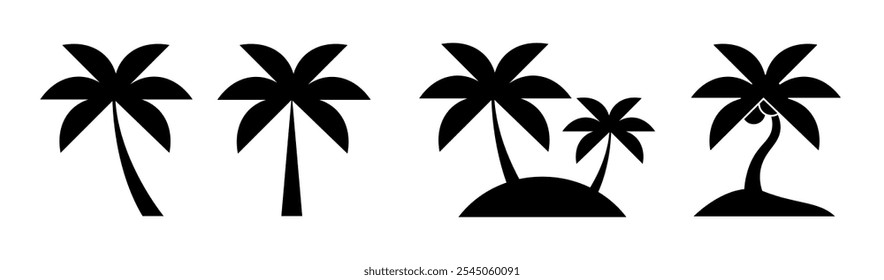 Palm Trees Vetor Flat Set on White Background (em inglês). Coleção de Silhuetas Isoladas de Preto para Web, Impressão, Branding, Logotipo, Embalagem.