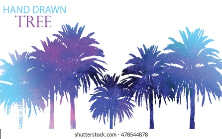 Palm trees . Vector freehand drawing in vintage style . Tall palm trees with big leaves on a white background .