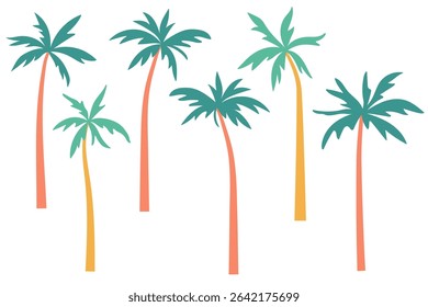 Palm trees vector illustration set. Tropical coconut trees with curved trunks and lush leaves isolated on white background. Exotic island plants silhouettes in simple minimalist flat cartoon style