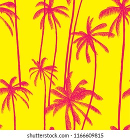 Palm trees vector pattern background with tropical coconut leaves silhouettes. Hand drawn summer colorful illustration texture for cover, textile print, fabric, swimwear cloth or decoration.