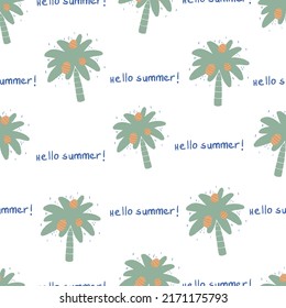 Palm trees vector pattern with quote in cartoon style. Can be use for background and apparel design