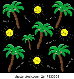 Palm trees vector pattern .This vibrant, cartoonish pattern is ideal for creating fun and appealing designs in children's clothing, accessories, home textiles, stationery, and digital products.