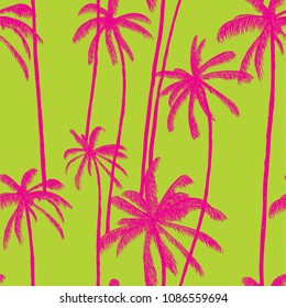 Palm trees vector seamless pattern background with tropical coconut leaves silhouettes. Hand drawn summer colorful illustration texture for cover, textile print, fabric, swimwear cloth or decoration.