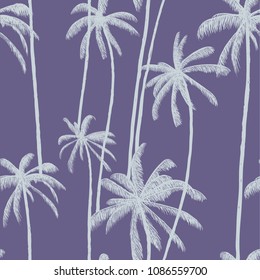 Palm trees vector seamless pattern background with tropical coconut leaves silhouettes. Hand drawn summer colorful illustration texture for cover, textile print, fabric, swimwear cloth or decoration.