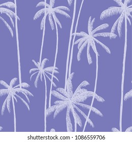 Palm trees vector seamless pattern background with tropical coconut leaves silhouettes. Hand drawn summer colorful illustration texture for cover, textile print, fabric, swimwear cloth or decoration.