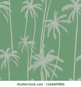 Palm trees vector seamless pattern background with tropical coconut leaves silhouettes. Hand drawn summer colorful illustration texture for cover, textile print, fabric, swimwear cloth or decoration.