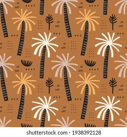 Palm trees vector seamless pattern. Tropical background with hand drawn arecaceae plants. Beach coconut tree wallpaper, african forest textile, wrapping paper print design. Scandinavian illustration