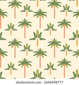 Palm trees vector seamless pattern illustration. Modern tropical summer repeating design with stylized symmetrical exotic island plants on a light background for fabric, decor in flat retro style