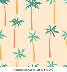 Palmeiras vetor padrão sem emenda. Árvores insulares tropicais com troncos curvos sobre fundo bege de areia. Silhuetas de plantas de selva exóticas em estilo de desenho animado plano minimalista simples para o projeto de verão divertido