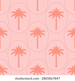 Palm trees vector seamless pattern illustration. Tonal coral palm silhouettes on pink background. Tropical coastal summer repeat tile in minimal block print style for fabric, wallpaper, print