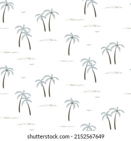 Palm trees vector seamless summer pattern. Wrapping paper summer pattern. Cute doodle summer pattern with palm tree and waves