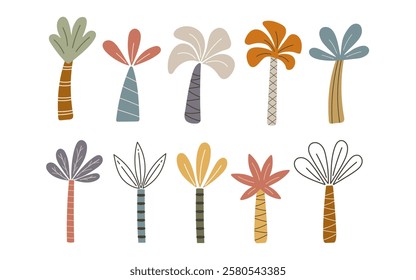 Palm trees vector set in cartoon style. Abstract tropical design, isolated elements. Vector flat illustration. 