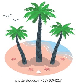 Palmeras. Vistas a una bonita playa tropical con palmeras alrededor. El concepto de vacaciones y vacaciones. Playa tropical. Palmera de coco en la playa de arena. Hermosa palmera. Las vistas a la bonita playa tropical.